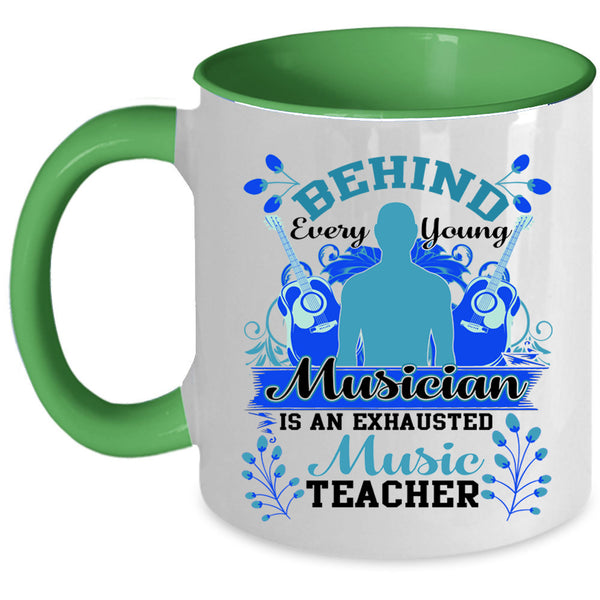 Exhausted Music Teacher Coffee Mug, Behind Every Young Musician Accent Mug