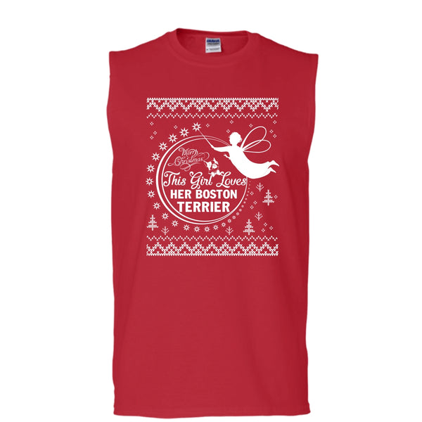 Merry Christmas T Shirt, This Girl Loves Her Boston Terrier T Shirt, Cool T Shirt (Men's Cotton Sleeveless)