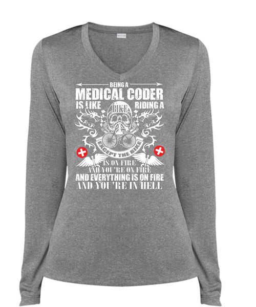 Being A Medical Coder T Shirt, You're In Hell T Shirt, Cool Shirt (Ladies LS Heather V-Neck)