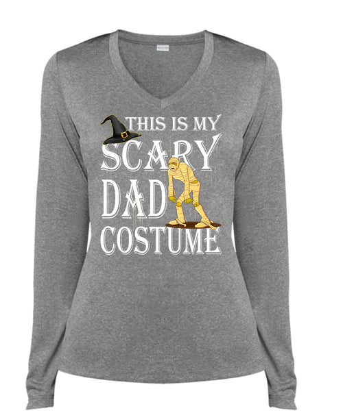 This Is My Scary Dad Costume T Shirt, Funny Halloween T Shirt, Cool Shirt (Ladies LS Heather V-Neck)