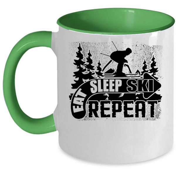 Outdoor Activity Coffee Mug, Eat Sleep Ski Repeat Accent Mug