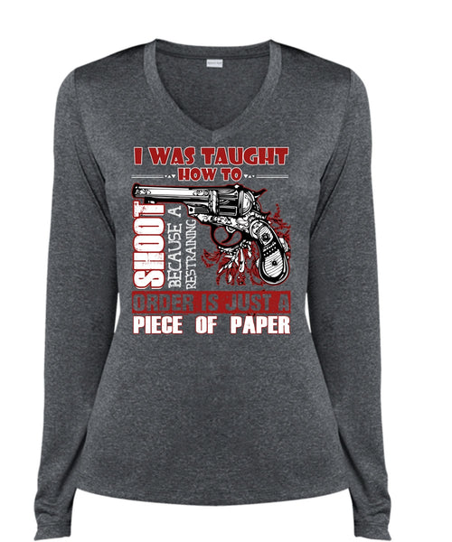 I Was Taught How To Shoot T Shirt, Being A Hunter T Shirt, Cool Shirt (Ladies LS Heather V-Neck)