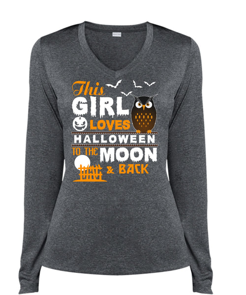 This Girl Loves Halloween To The Moon And Back T Shirt, I Love You Pumpkin T Shirt, Cool Shirt (Ladies LS Heather V-Neck)