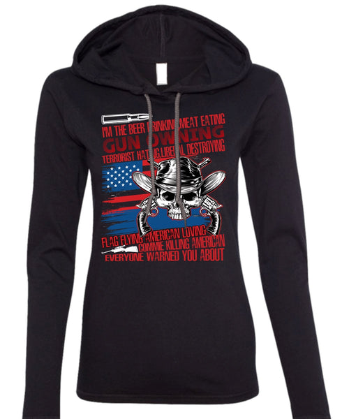Meat Eating Gun Owning T Shirt, Flag Flying T Shirt (Anvil Ladies Ringspun Hooded)