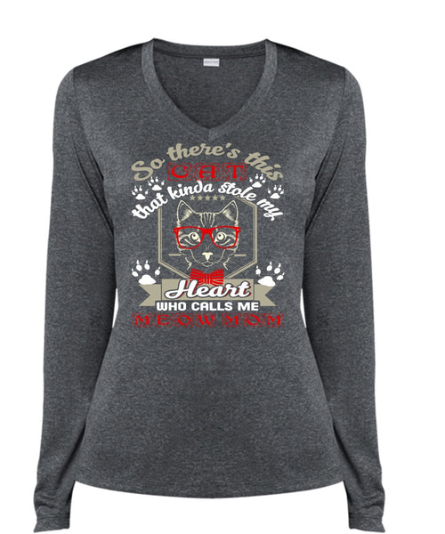 This Cat That Kinda Stole My Heart T Shirt, Calls Me Meow Mom T Shirt, Cool Shirt (Ladies LS Heather V-Neck)