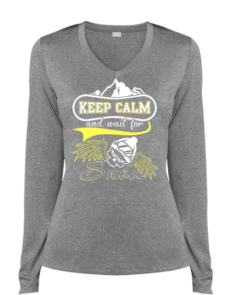 Keep Calm And Wait For Snow T Shirt, Being A Skier T Shirt, Cool Shirt (Ladies LS Heather V-Neck)
