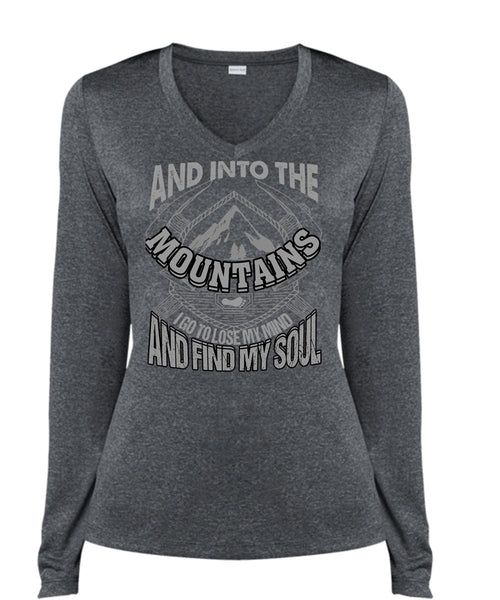 And Into The Mountains T Shirt, Find My Soul T Shirt, Cool Shirt (Ladies LS Heather V-Neck)