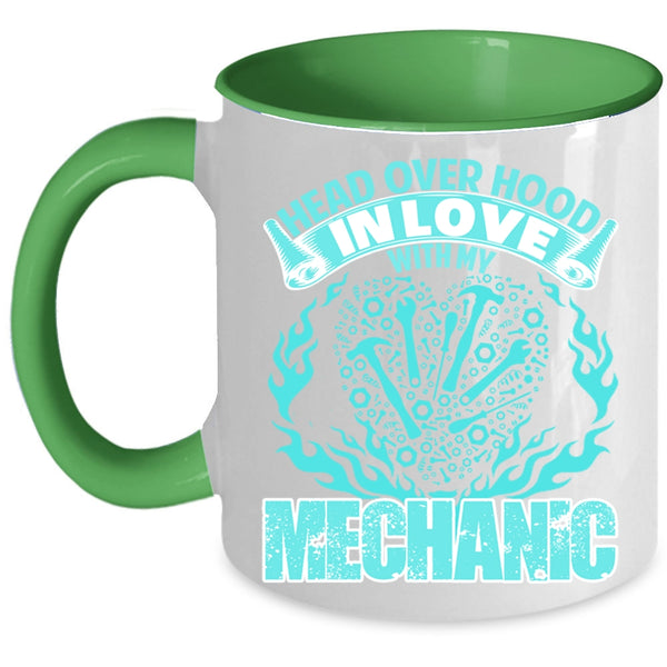 Cute Mechanic Coffee Mug, Head Over Hood In Love With My Mechanic Accent Mug