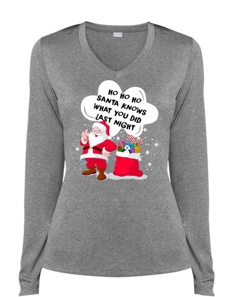Santa Knows What You Did Last Night T Shirt, I Love Christmas T Shirt, Cool Shirt (Ladies LS Heather V-Neck)