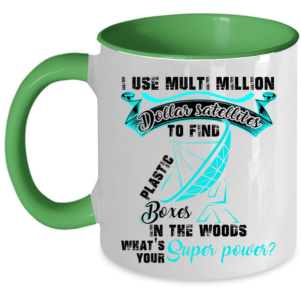 Funny Geocaching Coffee Mug, Plastic Boxes In The Woods Accent Mug