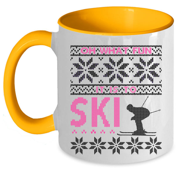 Funny Christmas Coffee Mug, Oh What Fun It Is To Ski Accent Mug