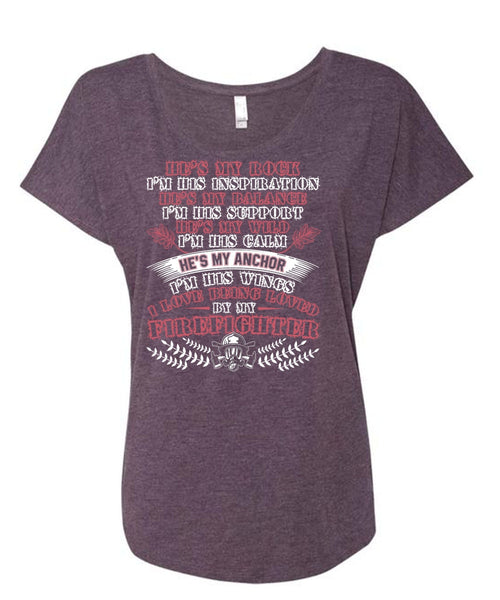 I Love Being Loved By My Firefighter T Shirt, He's My Wild T Shirt, Cool Shirt (Ladies' Triblend Dolman Sleeve)