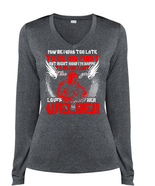 This Girl Loves Her Welder T Shirt, I'm Happy T Shirt, Cool Shirt (Ladies LS Heather V-Neck)