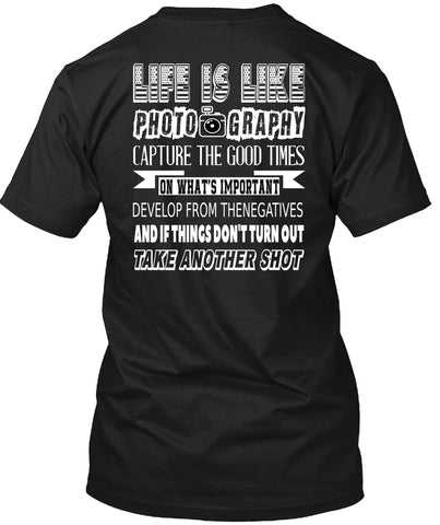 A black t-shirt with the shopify logo