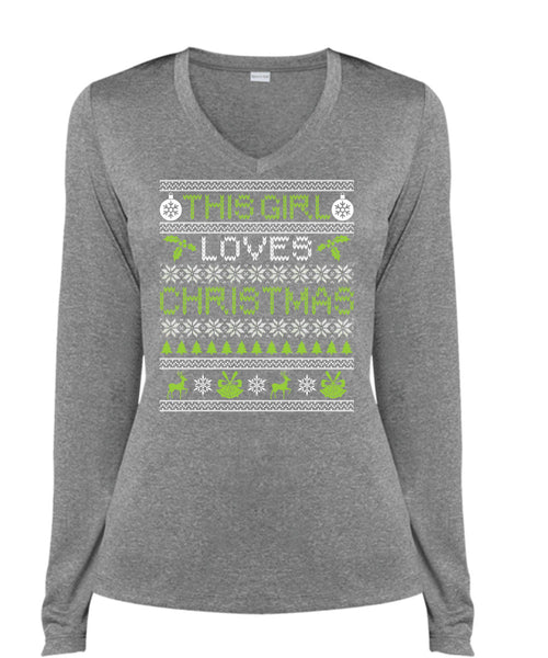This Girl Loves Christmas T Shirt, Funny Winter T Shirt, Cool Shirt (Ladies LS Heather V-Neck)