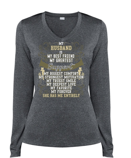 My Husband Is My Best Friend T Shirt, My Truest Smile T Shirt, Cool Shirt (Ladies LS Heather V-Neck)