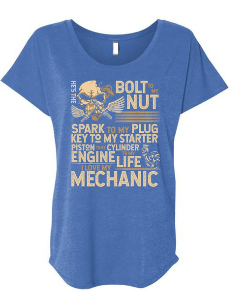 I Love My Mechanic T Shirt, Engine Life T Shirt, Cool Shirt (Ladies' Triblend Dolman Sleeve)