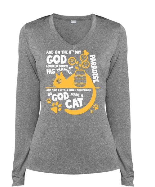 God Made A Cat T Shirt, His Planned On Paradise T Shirt, Cool Shirt (Ladies LS Heather V-Neck)