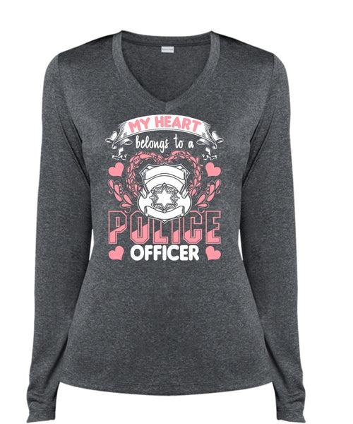 My Heart Belongs To A Police Officer T Shirt, Being A Police T Shirt, Cool Shirt (Ladies LS Heather V-Neck)