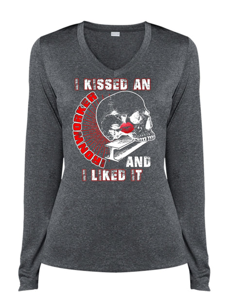 I Kissed An Ironworker T Shirt, I Liked It T Shirt, Cool Shirt (Ladies LS Heather V-Neck)