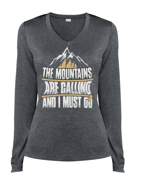 The Mountains Are Calling T Shirt, My Favorite T Shirt, Cool Shirt (Ladies LS Heather V-Neck)