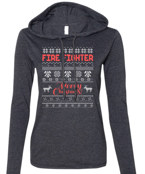 Firefighter Merry Christmas T Shirt, Being A Firefighter T Shirt (Anvil Ladies Ringspun Hooded)