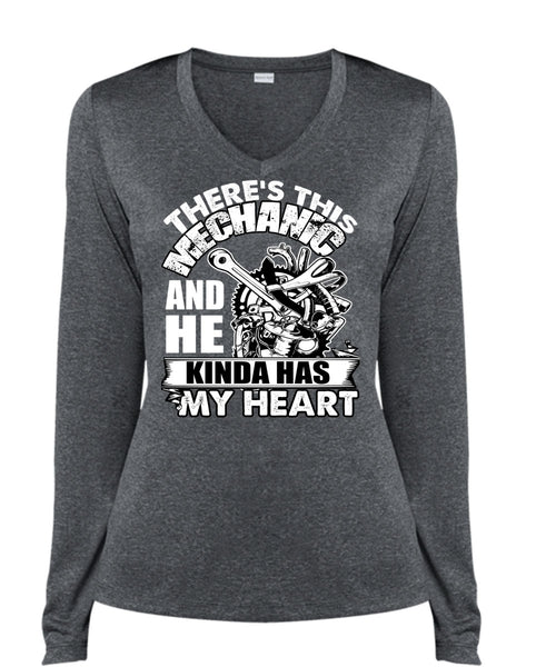 There's This Mechanic T Shirt, Kinda Has My Heart T Shirt, Cool Shirt (Ladies LS Heather V-Neck)