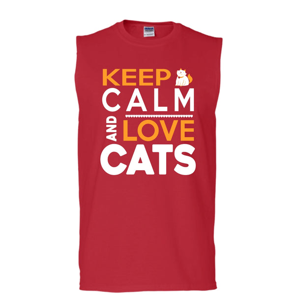 Keep Calm And Love Cat Shirt, Cool Cat Shirt (Men's Cotton Sleeveless)