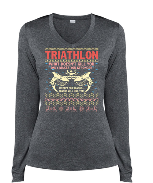 Triathlon What Doesn't Kill You T Shirt, I Love Christmas T Shirt, Cool Shirt (Ladies LS Heather V-Neck)