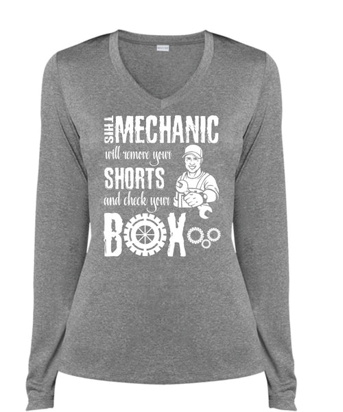 This Mechanic Will Remove Your Shorts T Shirt, Being A Mechanic T Shirt, Cool Shirt (Ladies LS Heather V-Neck)
