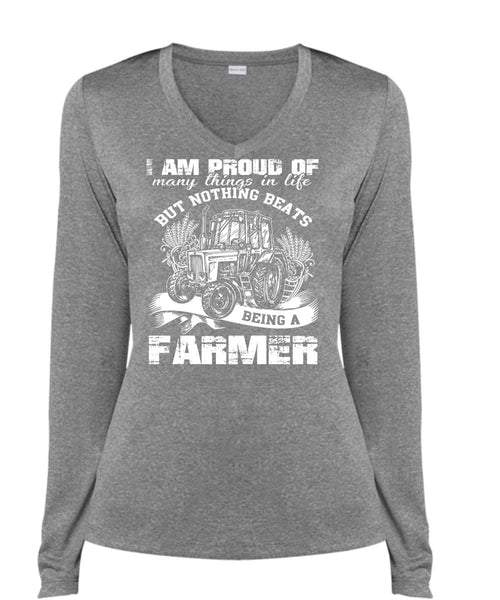Being A Farmer T Shirt, I Am Proud Of Many Things In Life T Shirt, Cool Shirt (Ladies LS Heather V-Neck)
