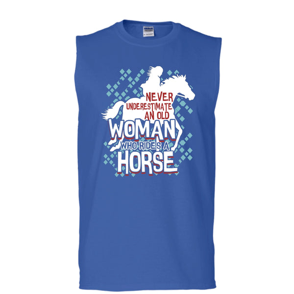 Never Underestimate T Shirt, An Old Man Who Rides A Horse T Shirt, Cool T Shirt (Men's Cotton Sleeveless)