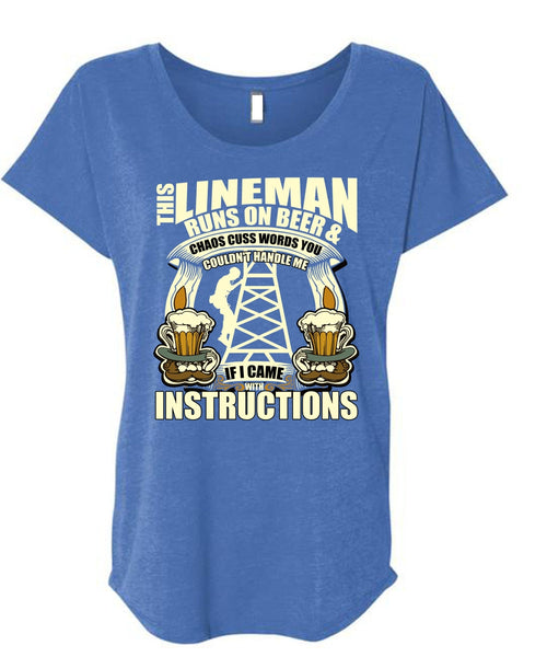 This Lineman Runs On Beer T Shirt, I Came With Instructions T Shirt, Cool Shirt (Ladies' Triblend Dolman Sleeve)