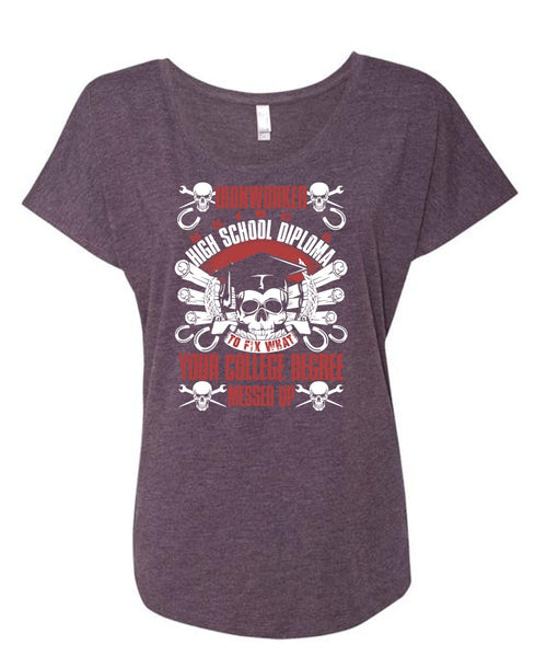 Ironworker Using A High School T Shirt, College Degree T Shirt, Cool Shirt (Ladies' Triblend Dolman Sleeve)