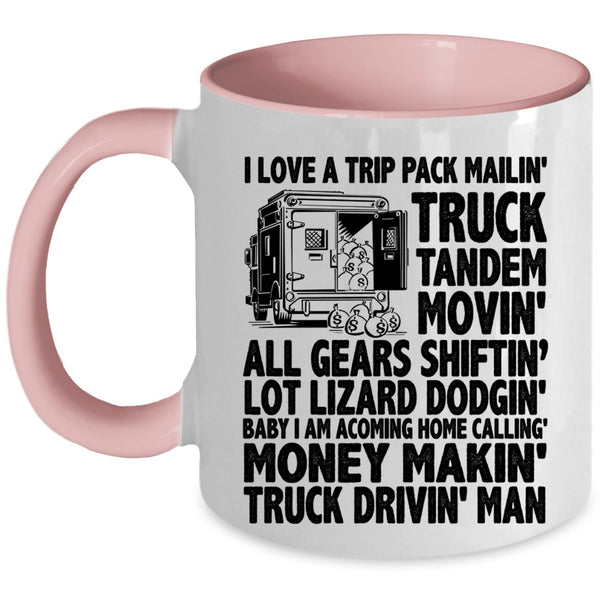 Truck Driving Man Coffee Mug, I Love A Trip Pack Mailing Truck Tandem Accent Mug