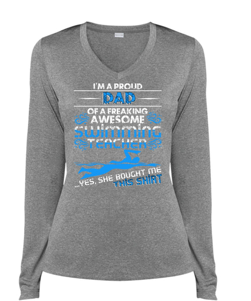 I'm A Proud Dad T Shirt, Swimming Teacher T Shirt, Cool Shirt (Ladies LS Heather V-Neck)