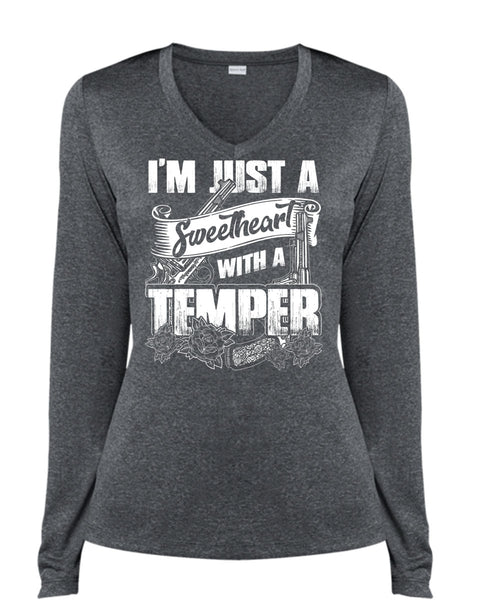 Sweetheart With A Temper T Shirt, Being A Hunter T Shirt, Cool Shirt (Ladies LS Heather V-Neck)