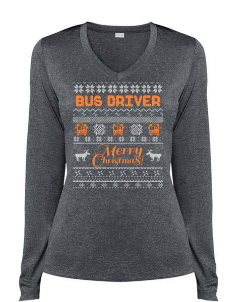 Bus Driver Merry Christmas T Shirt, Being A Driver T Shirt, Cool Shirt (Ladies LS Heather V-Neck)
