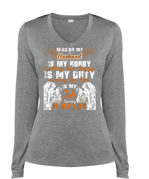Missing My Husband T Shirt, Loving Him Is My Life T Shirt, Cool Shirt (Ladies LS Heather V-Neck)