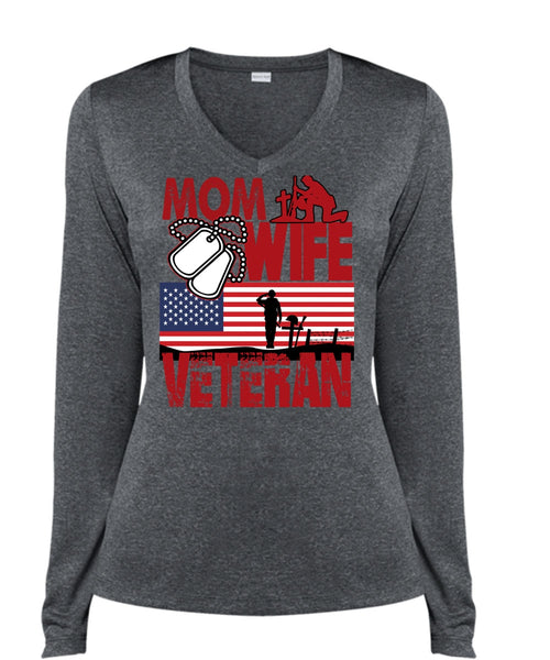 Mom Wife Veteran T Shirt, Being A Veteran T Shirt, Cool Shirt (Ladies LS Heather V-Neck)