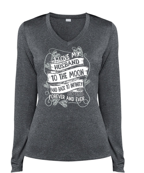 I Love My Husband To The Moon T Shirt, I Love My Wife T Shirt, Cool Shirt (Ladies LS Heather V-Neck)