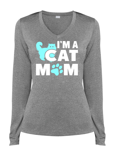 I'm A Cat Mom T Shirt, My Favorite T Shirt, I Love My Cat T Shirt (Ladies LS Heather V-Neck)