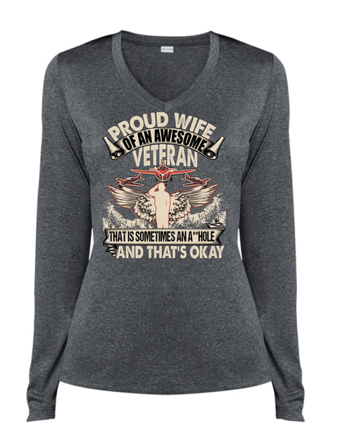 Proud Wife Of An Awesome Veteran T Shirt, Being A Veteran T Shirt, Cool Shirt (Ladies LS Heather V-Neck)