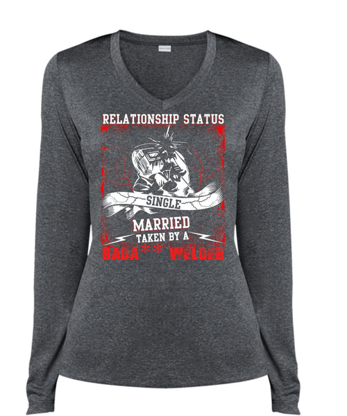 Married Taken By A Welder T Shirt, Realtionship Status T Shirt, Cool Shirt (Ladies LS Heather V-Neck)