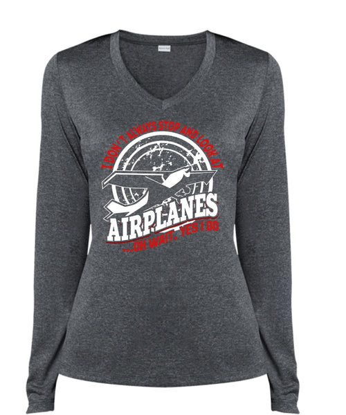 Look At Airplanes T Shirt, Being A Pilot T Shirt, Cool Shirt (Ladies LS Heather V-Neck)