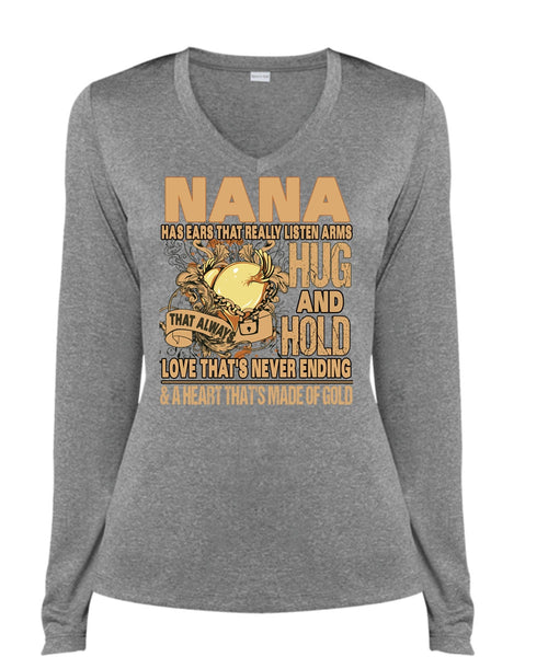 Nana Has Ears T Shirt, Hug And Hold T Shirt, Cool Shirt (Ladies LS Heather V-Neck)