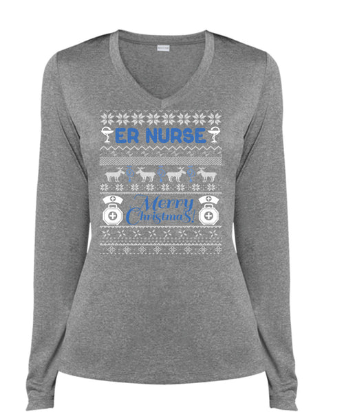 ER Nurse Merry Christmas T Shirt, Being A Nurse T Shirt, Cool Shirt (Ladies LS Heather V-Neck)