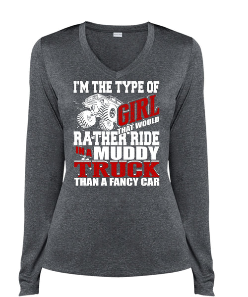 Ride In A Muddy Truck T Shirt, Fancy Car T Shirt, Cool Shirt (Ladies LS Heather V-Neck)