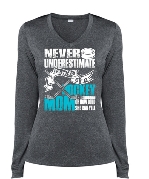 The Pride Of A Hockey Mom T Shirt, She Can Yell T Shirt, Cool Shirt (Ladies LS Heather V-Neck)