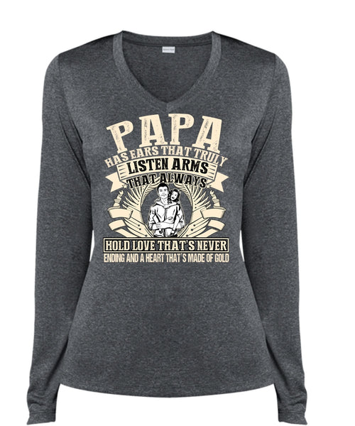 Papa Has Ears T Shirt, Made Of Gold T Shirt, Cool Shirt (Ladies LS Heather V-Neck)